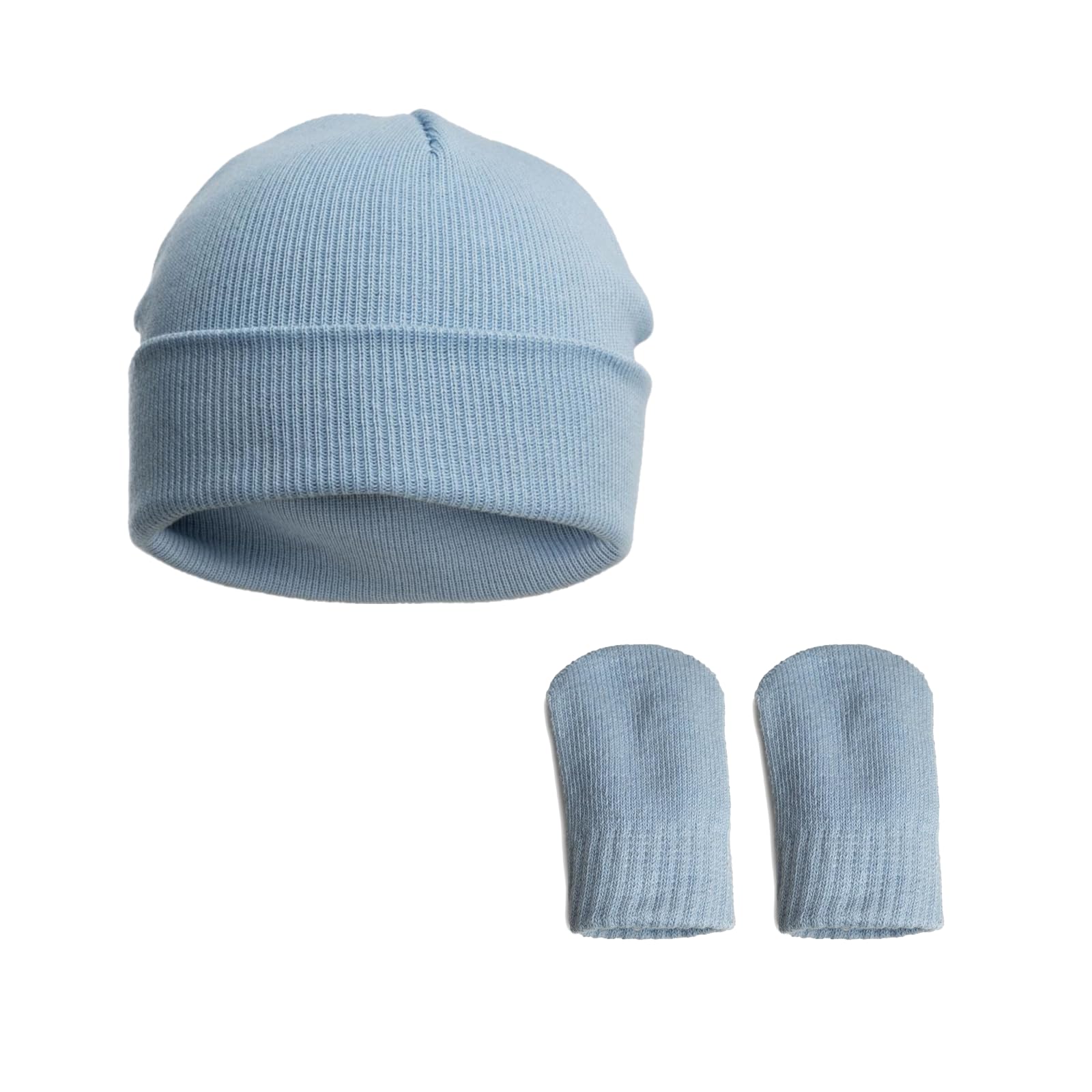 Baby Hat and Mitten Set, Knitted Baby Hat, Brushed Cotton Mittens, Warm, and Cosy, for Boys and Girls, Blue, 0, 12 Months