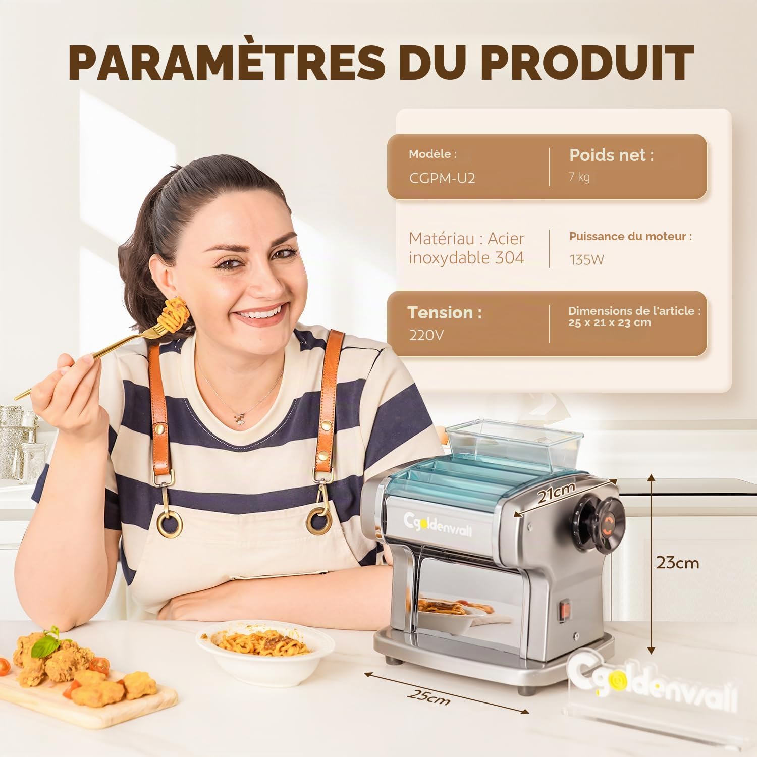 CGOLDENWALL Machine à Pâtes Électrique, Moteur 135W avec 2 Lames (2,5 mm/4 mm) et 9 Épaisseurs Réglables de 0,5-5 mm, Protection en ABS, Acier Inoxydable pour des Nouilles Fraîches Maison