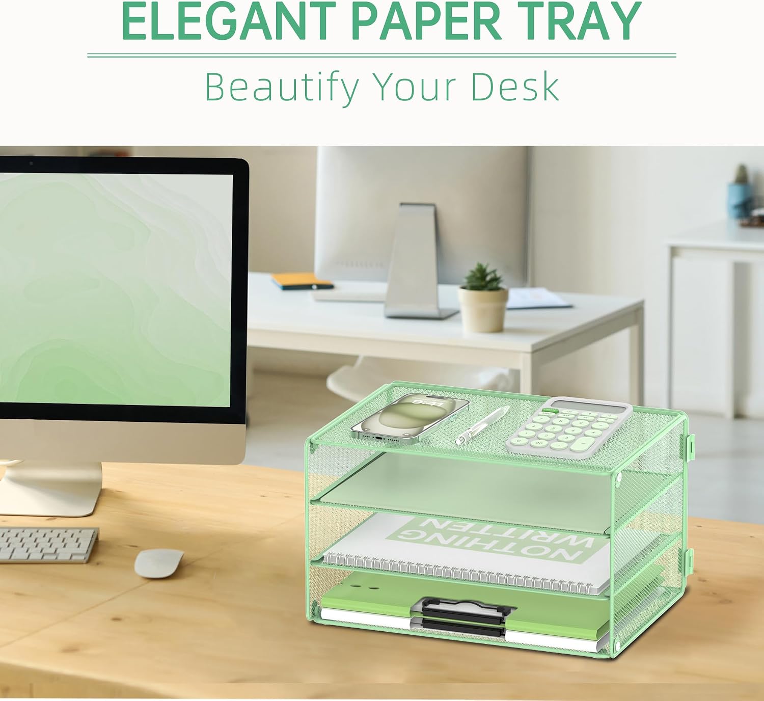 DALTACK 3 Tier Letter Tray Paper Organizer with Sliding Trays Mint Green image 3