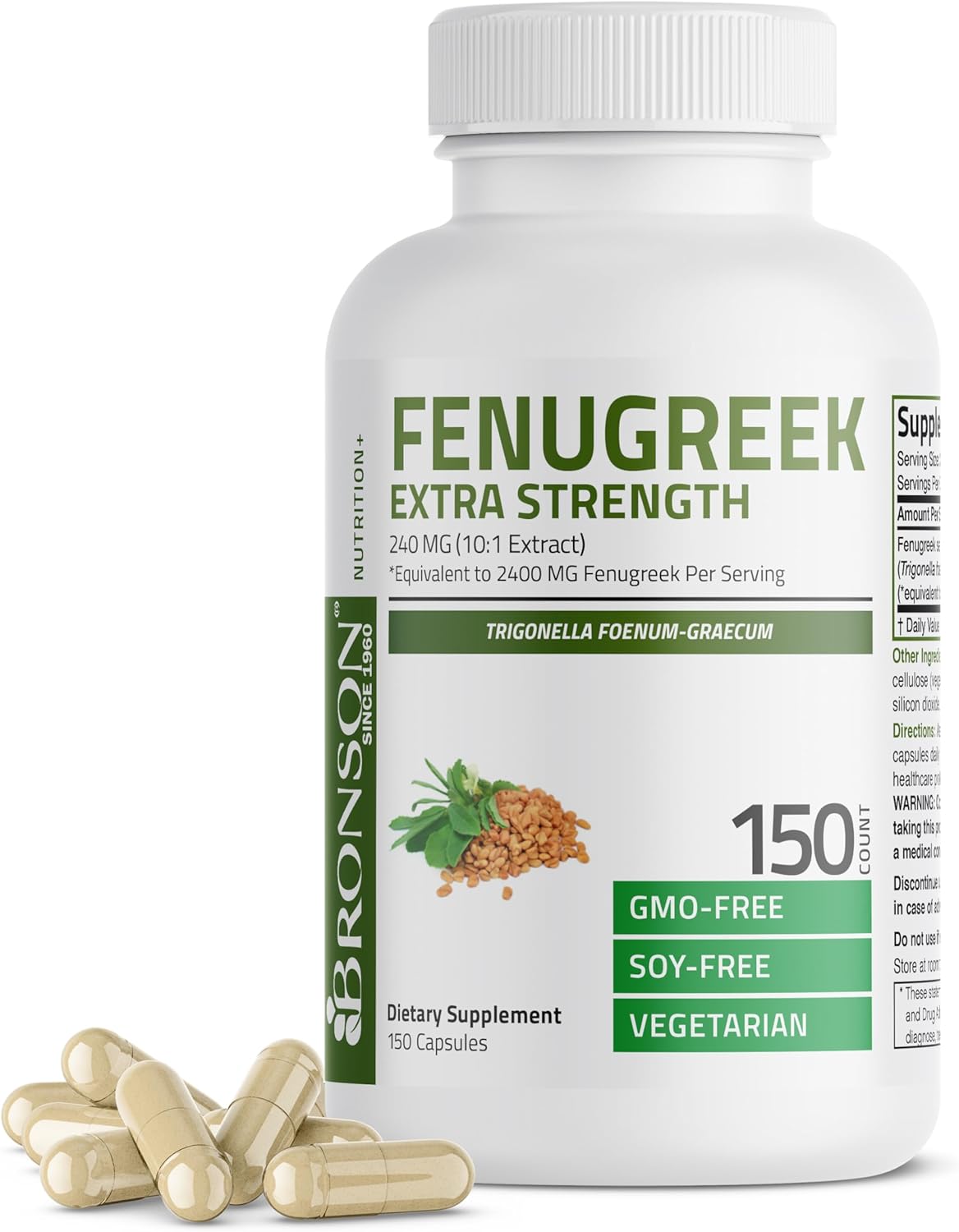 Bronson Fenugrec Poudre Capsules Extra Force, Trigonella Foenum-Graecum, Non-OGM, Sans Soja, V&eacute;g&eacute;tarien, 150 Capsules