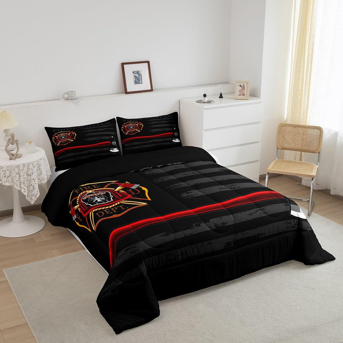 Firefighter Comforter Set Full Size,American Flag Geometric Stripes Bedding Set,Boys Girls Adults Room Decor,Fire Fighting Truck Tools Down Comforter,Red Black Fashion Duvet Insert,2 Pillowcases