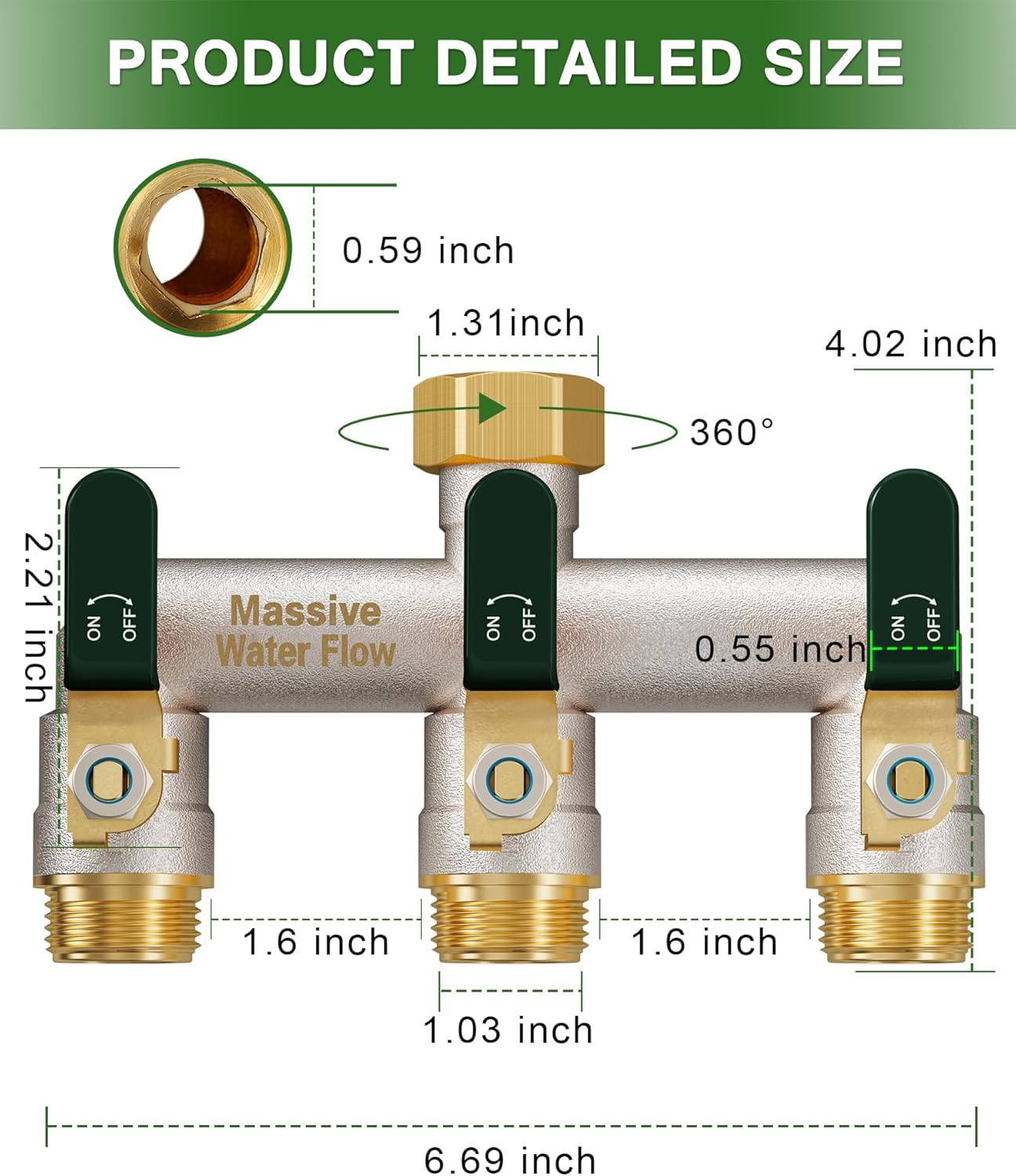 Garden Hose Splitter 3 Way Heavy Duty Brass Nickel Plated Hose Splitter with Large Handle, Full Flow Water Hose Spigot Splitter with Shutoff Valve, T Adapter Connector, 3/4 - Inch GHT Thread（Green）