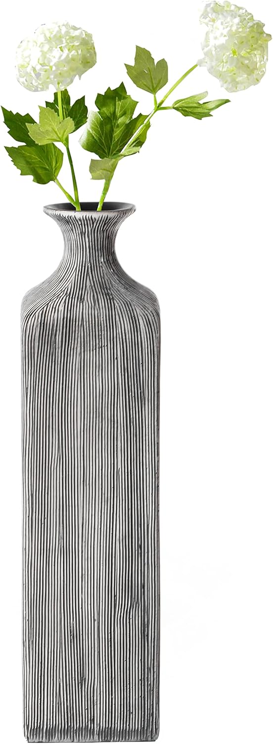 11.5 inch Tall Grey Striped Square Table Centerpiece Flower Vase Modern Home Decor Accent Stylish Elegant Ornamental Accessory Floral Arrangement Holder Living Room Dining Room Kitchen Decoration
