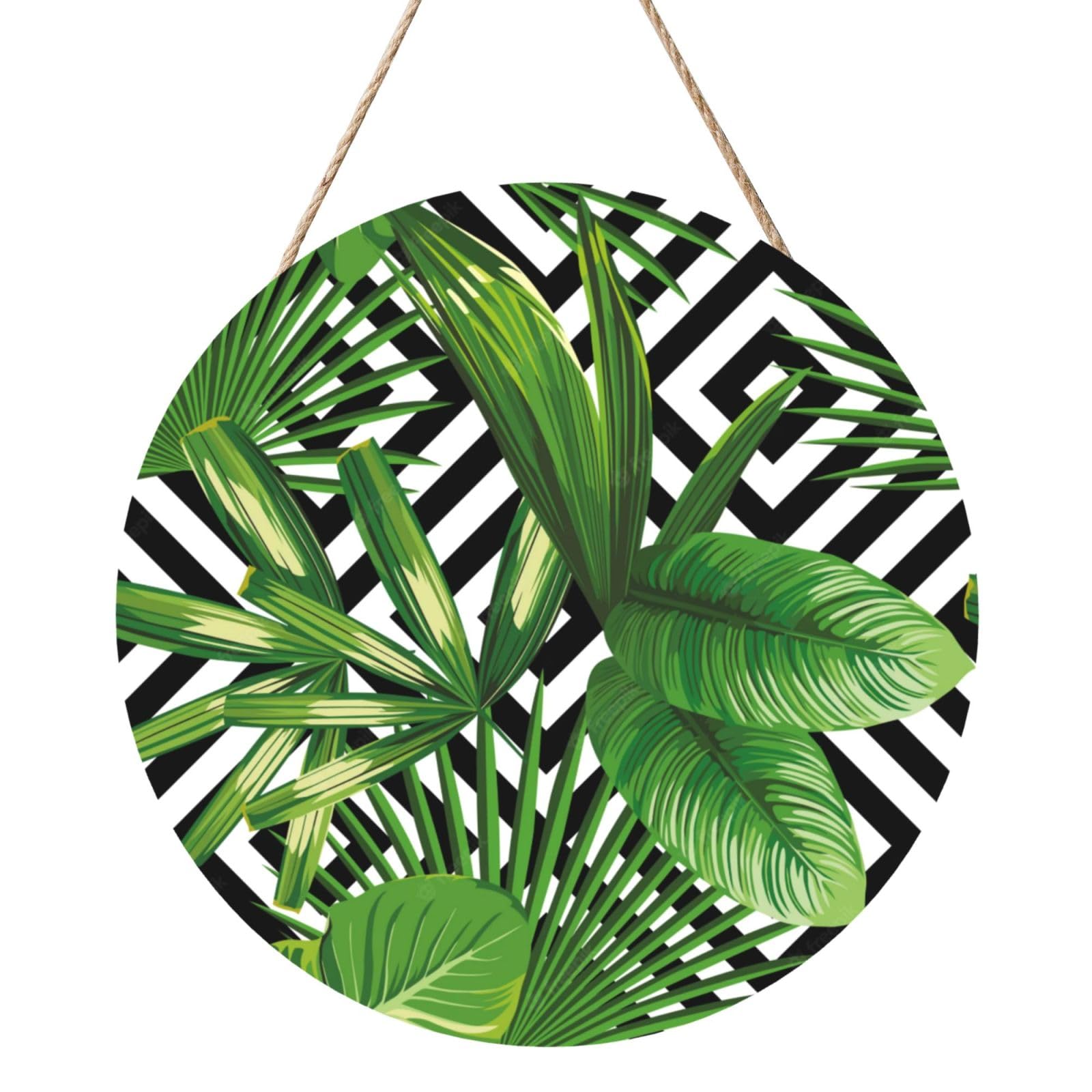 InOmak Green Leaves Of Palm Tree Tropical Plant, Round Wood Panel Painting 12 in, Wall Hanging Painting For Home