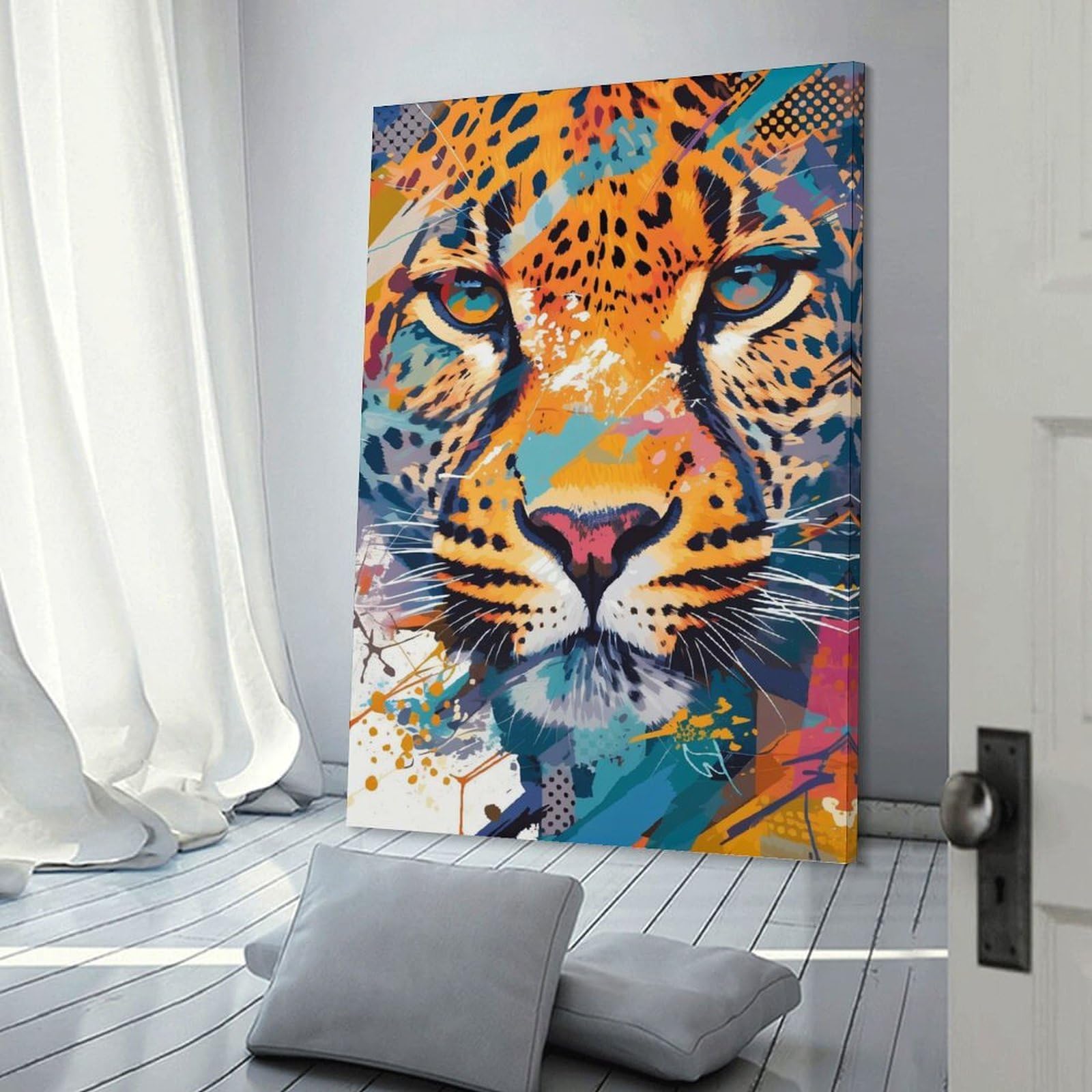 Junmoney Frame-Style-9-2 Vibrant Abstract Leopard Portrait Wall Decor Canvas Print, 24X36inch(60X90cm), For Wall Displays, Bedrooms Or Room Updates, Wall Decor Suited To Curated Displays