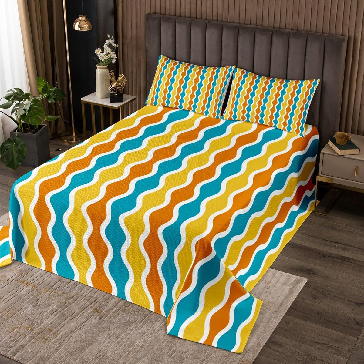 Feelyou Colorful Striped Coverlet Geometric Quilt Set Turquoise Orange Yellow White Bedspread for Kids Adults Modern Geometrical Quilted Ultra Soft Room Decor Twin Size Bedroom Collection