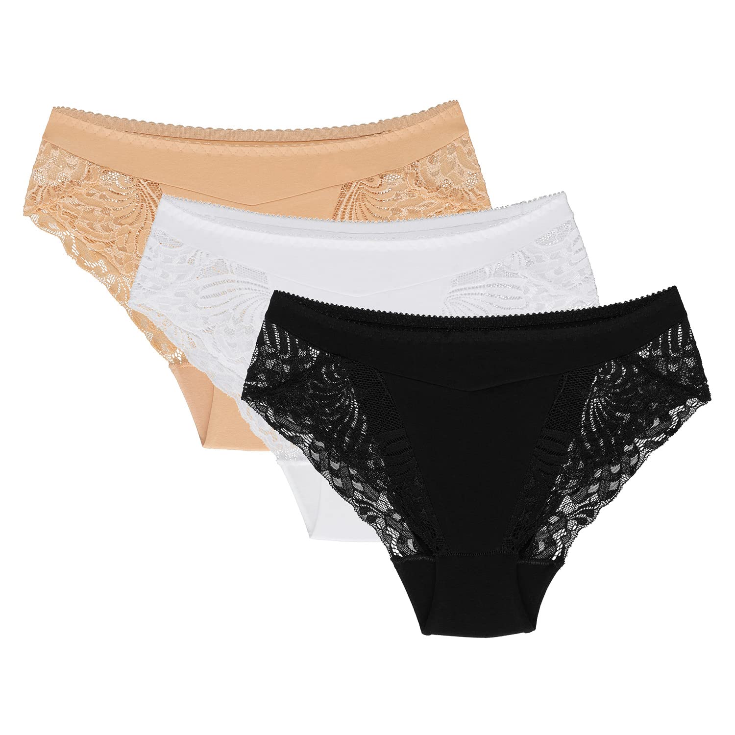 Wolbar Women's Briefs with Lace WB408 3-Pack, Beige-White-Black,M