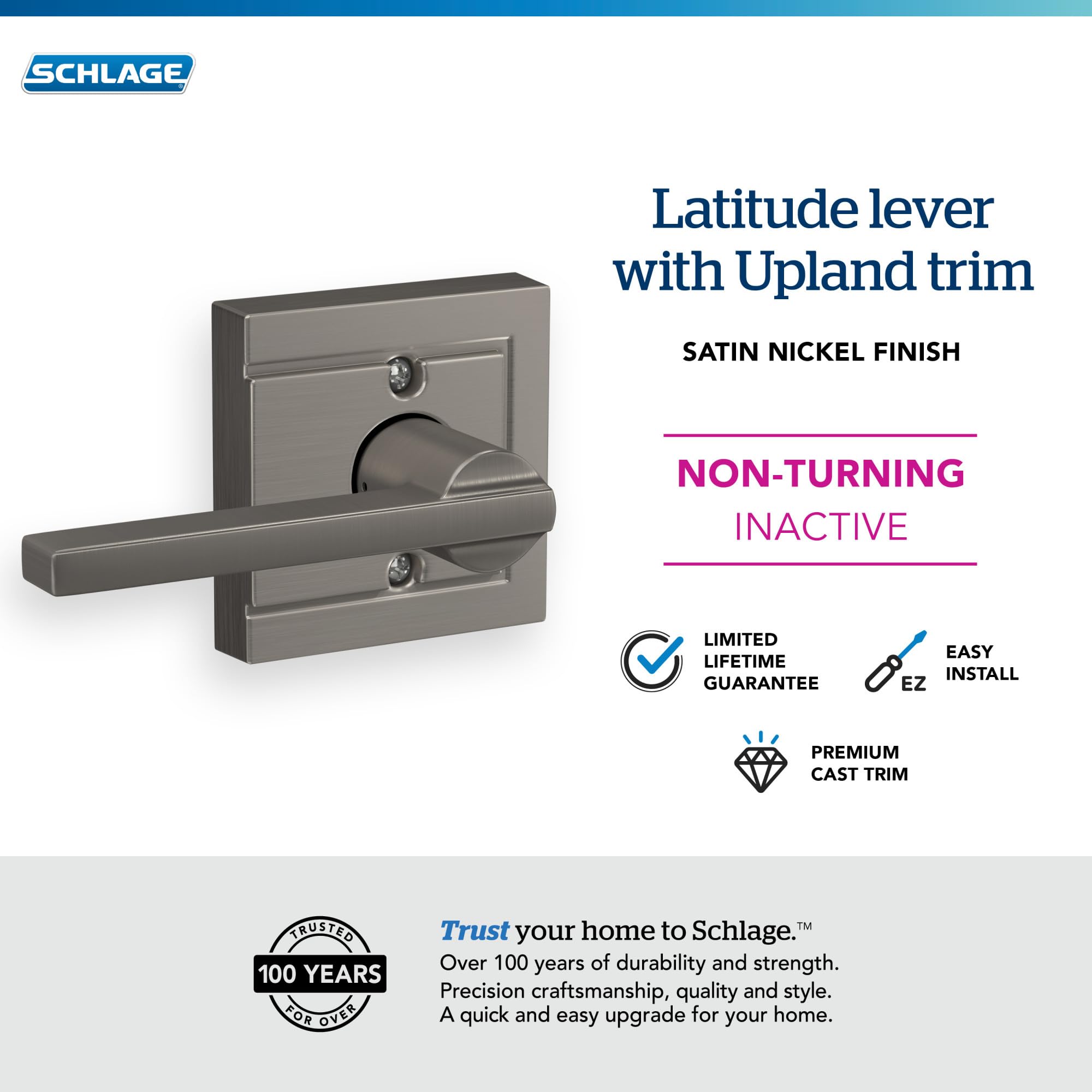SCHLAGE F170 LAT 619 ULD Latitude Lever with Upland Trim Non-Turning Lock, Satin Nickel Lock Company - Image 2