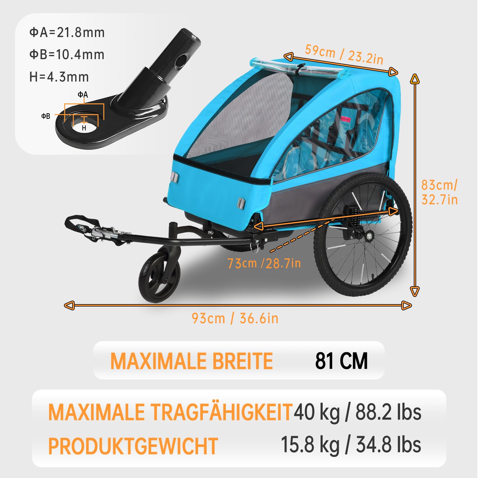 SAMAX Remorque Vélo Convertible Jogger 2en1 pour 2 Enfants Amortisseur Transport Poussette en Blanc/Noir - Silver Frame