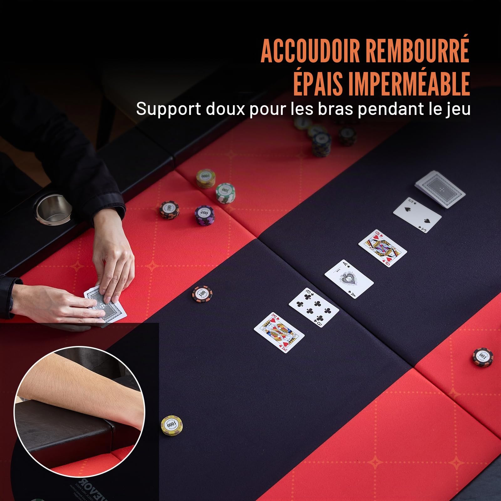 VEVOR Table de Poker Pliable 229 cm pour 10 Joueurs Table de Casino Blackjack Texas Holdem avec Rails Rembourrés et Porte-Gobelets en Acier Inoxydable Table de Jeu de Cartes Jeu de Société Maison