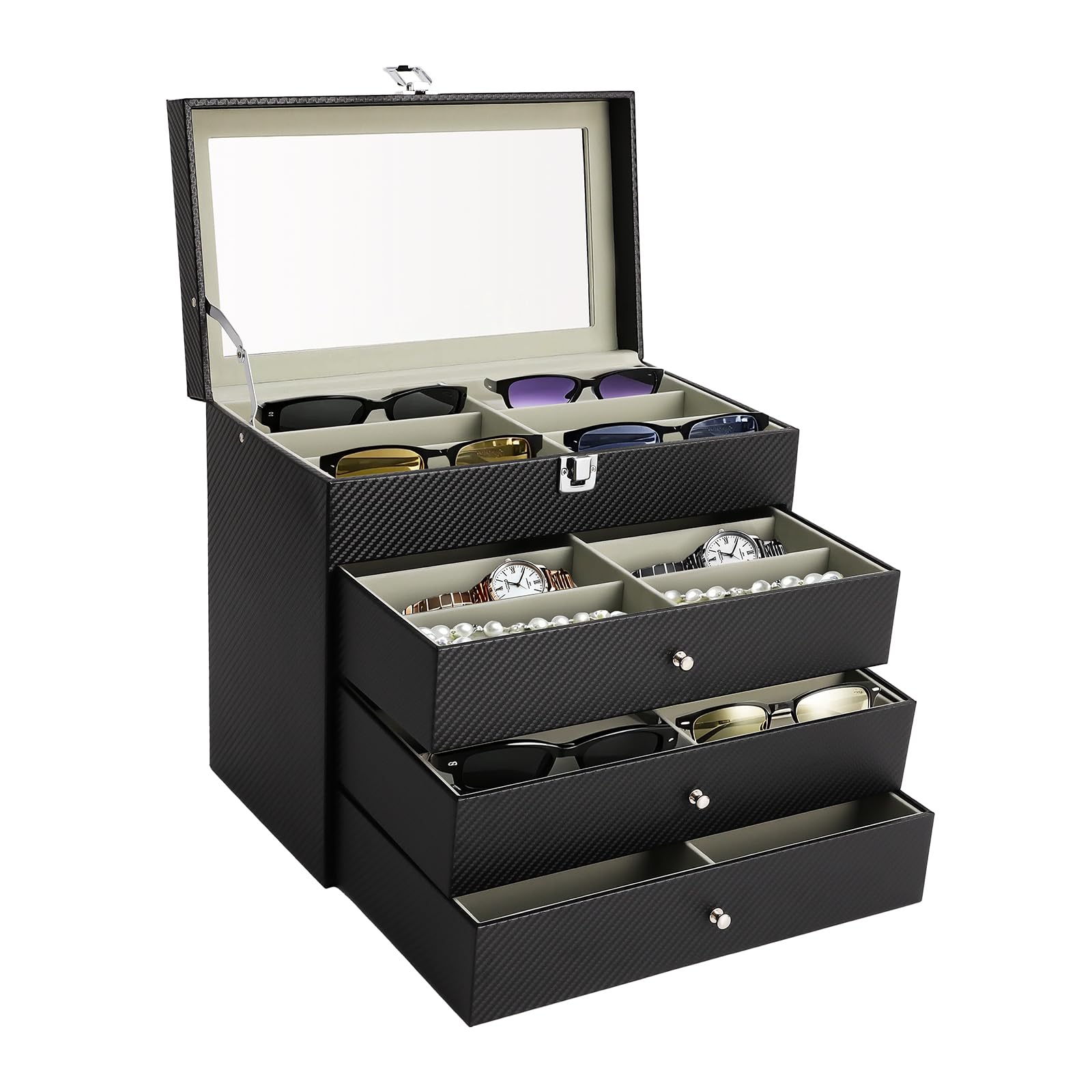 4 Lagen Brillenbox für 24 Fächer Brillen Brillenkoffer Sonnenbrillen Ausziehbare Schublade Aufbewahrung mit Sichtfenster für Aufbewahrung Brillen, Sonnenbrillen, Armbändern