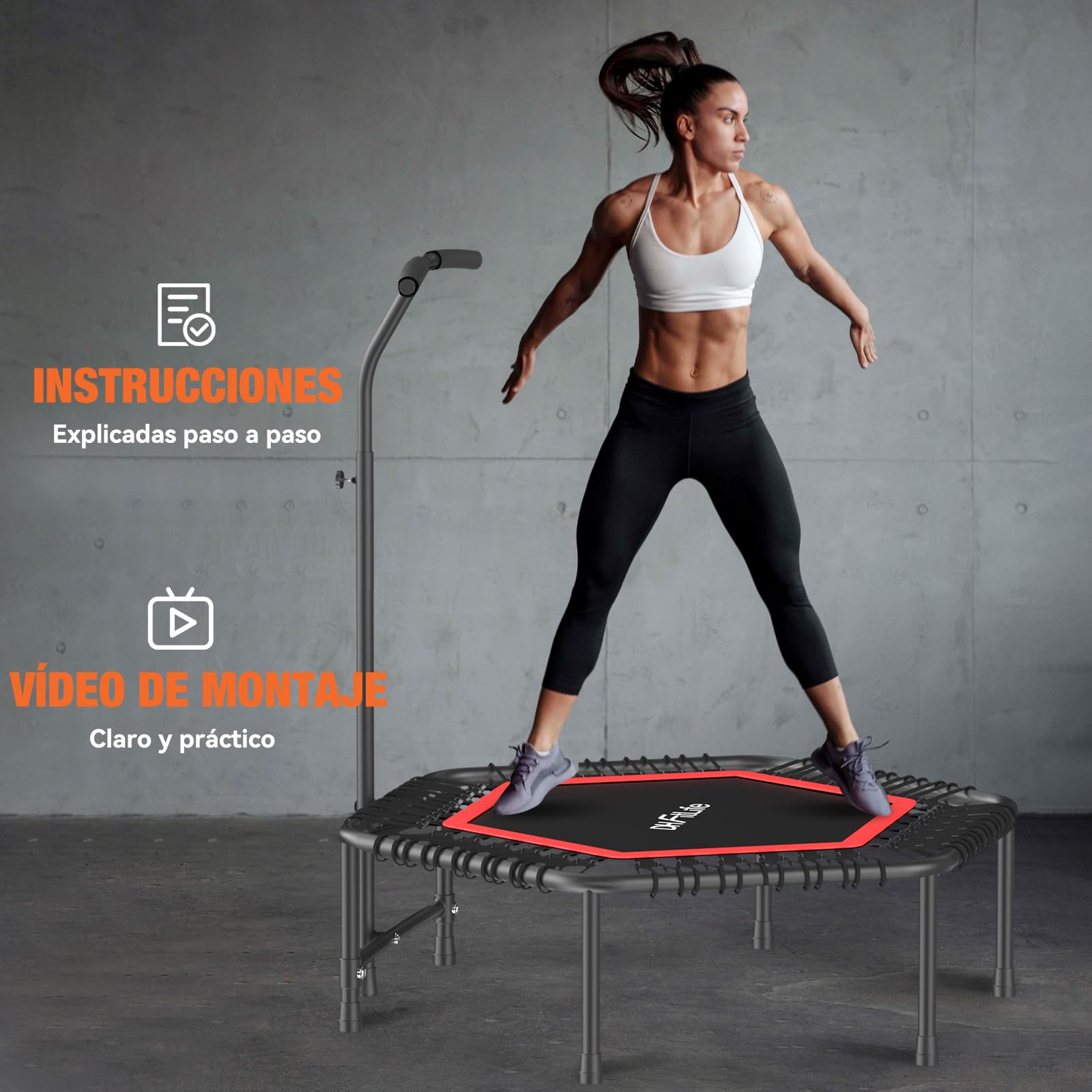 DH FitLife Trampolín Fitness Profesional Ø114 cm, Cama Elástica Interior para Adultos, Estructura Fija, 150 kg, Asa Ajustable 3 Niveles, Silencioso para Jumping Fitness
