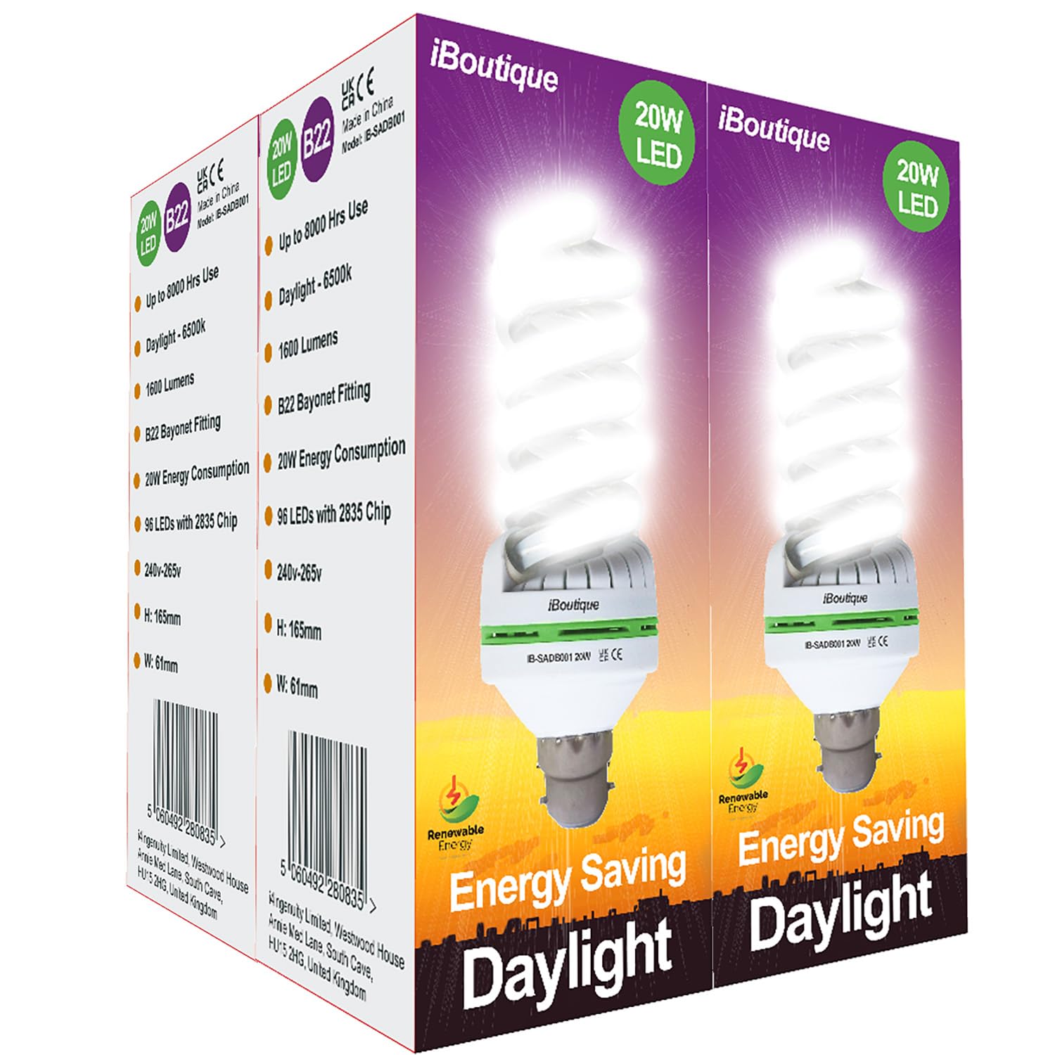 Iboutique White 20W Bayonet (B22) Daylight Energy Saving Led Light Bulb Equivalent Output 150 Watts (Full Spectrum) 4-Pack