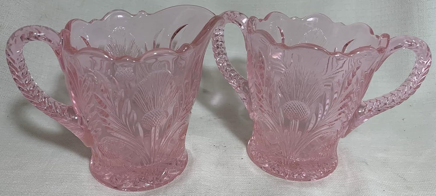 Creamer & Sugar Bowl Set - Inverted Thistle - American Made - Mosser Glass USA (Passion Pink)