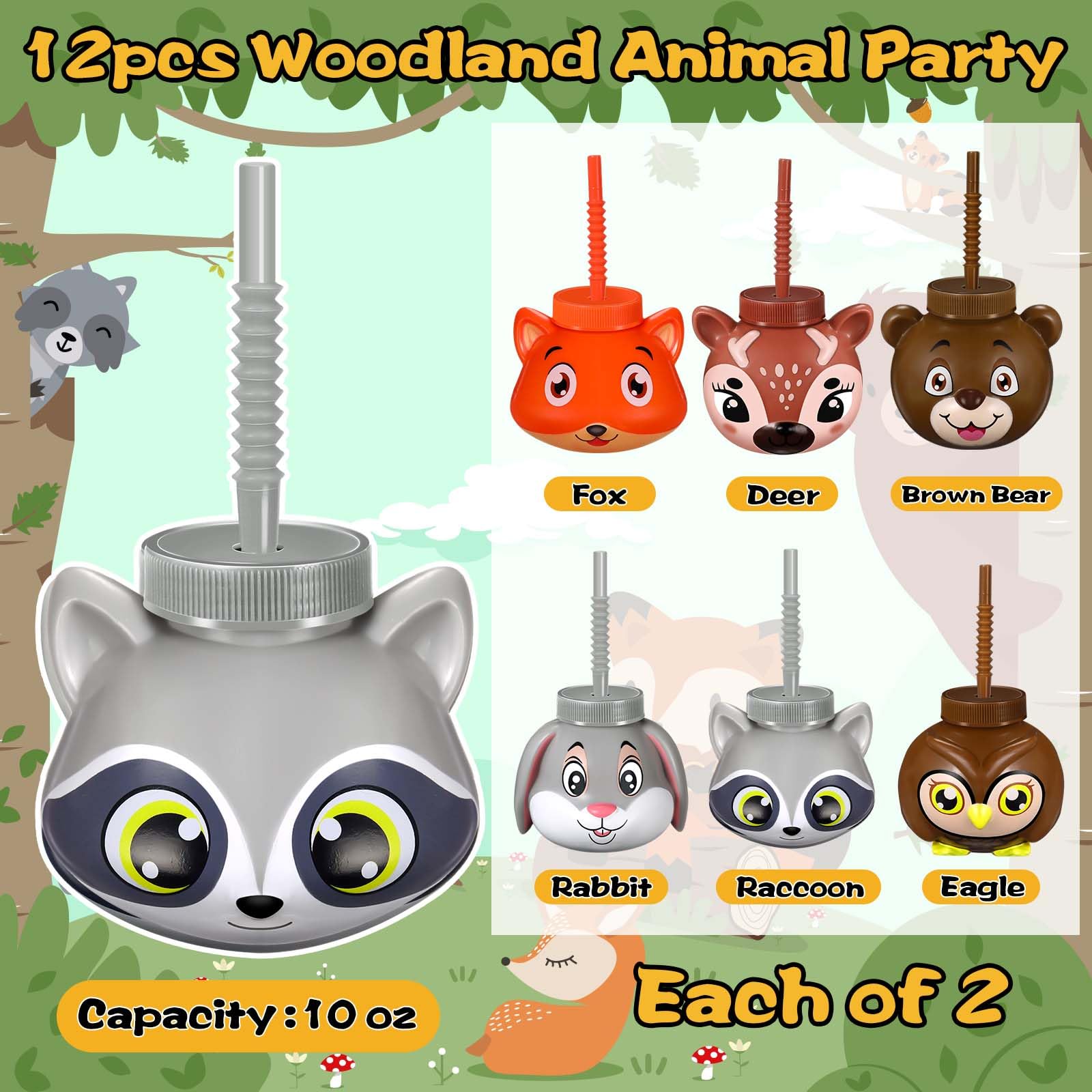 Hoolerry 12 Sets Forest Woodland Animal Party Favor Supplies Cups with Lids and Straws,10 oz Party Favor Cups for Gender Reveal Baby Shower Woodland Party and Birthday Party Supplies