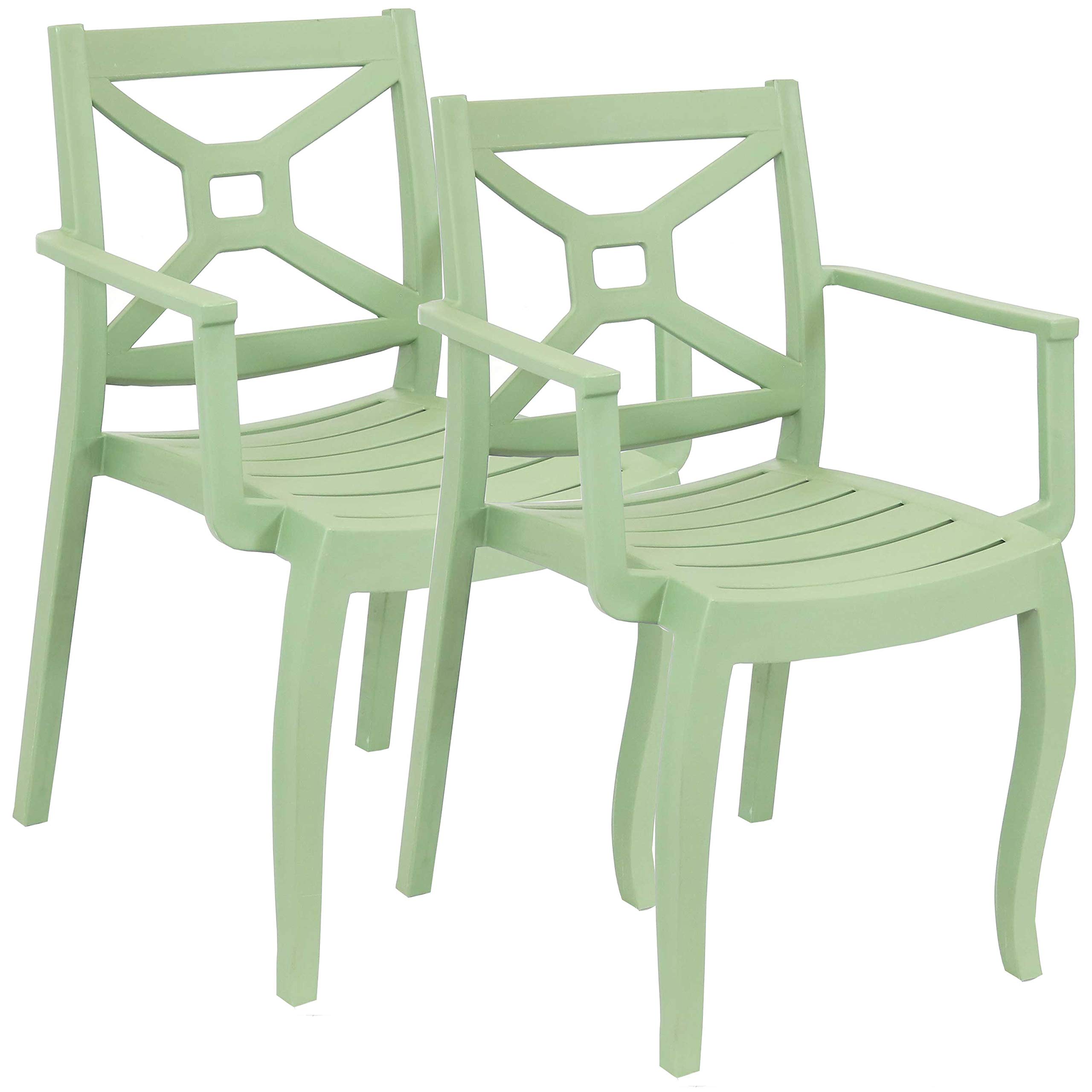 Sunnydaze Tristana Plastic Outdoor Patio Arm Chair - Set of 2 - Stackable Seating - Green