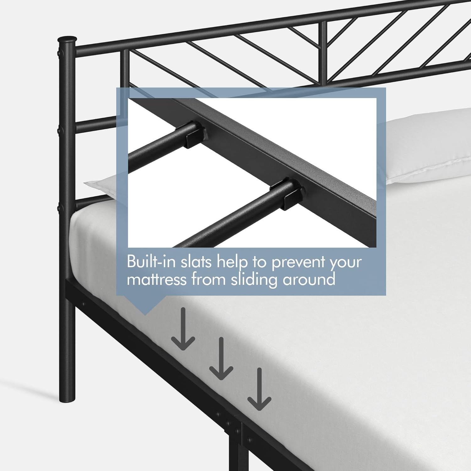 Assembly step illustrating how to firmly press and fix the slats into place on the bed frame.