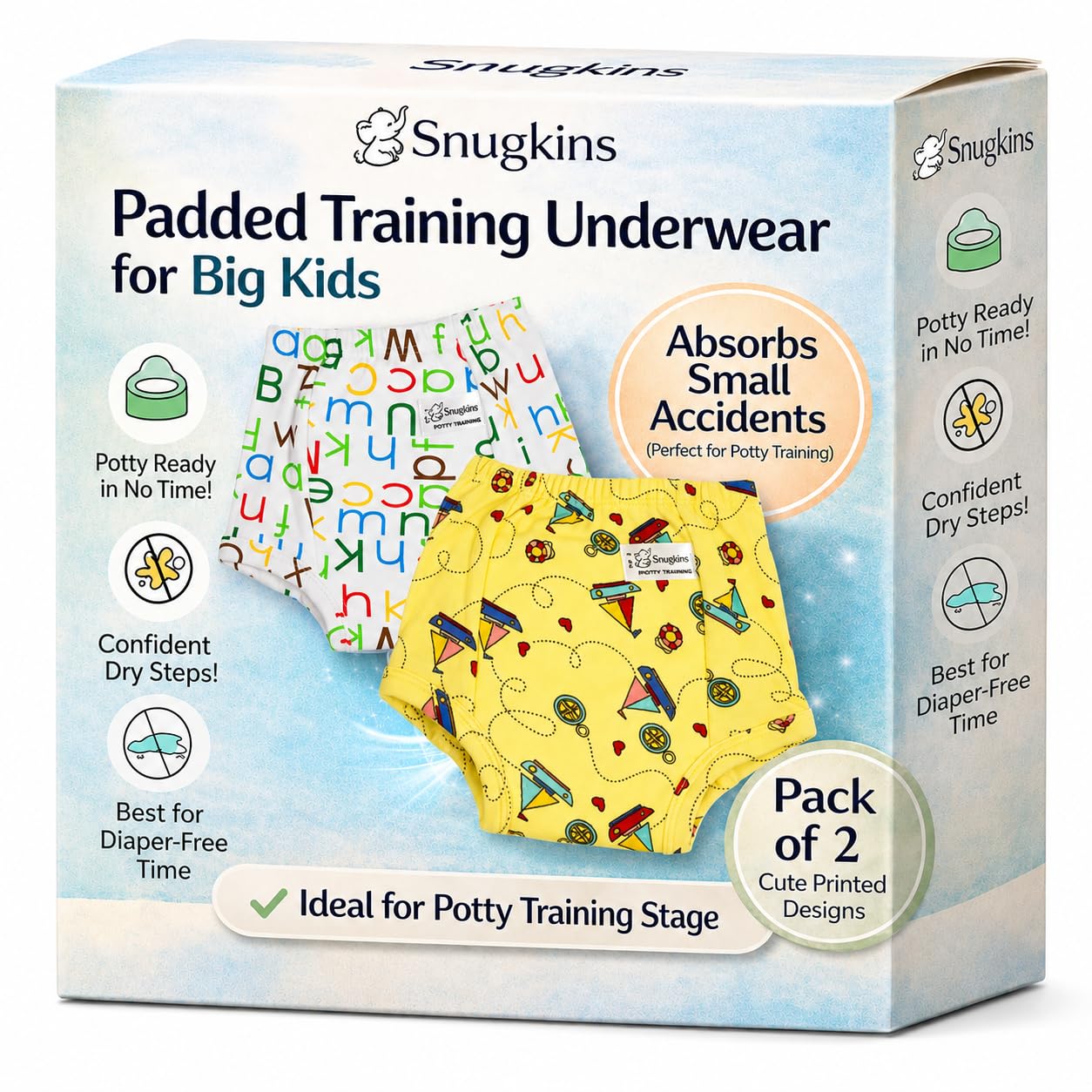 snugkins padded underwear for big kids 7-8 years with 4 layers of cotton padding potty training pull up pant & diaper-free time pack-2