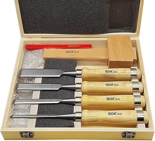 Juego de cinceles de herramientas de tallado de carpintería de 8 piezas con mango de madera de haya roja, mazo, lápiz en una caja de almacenamiento
