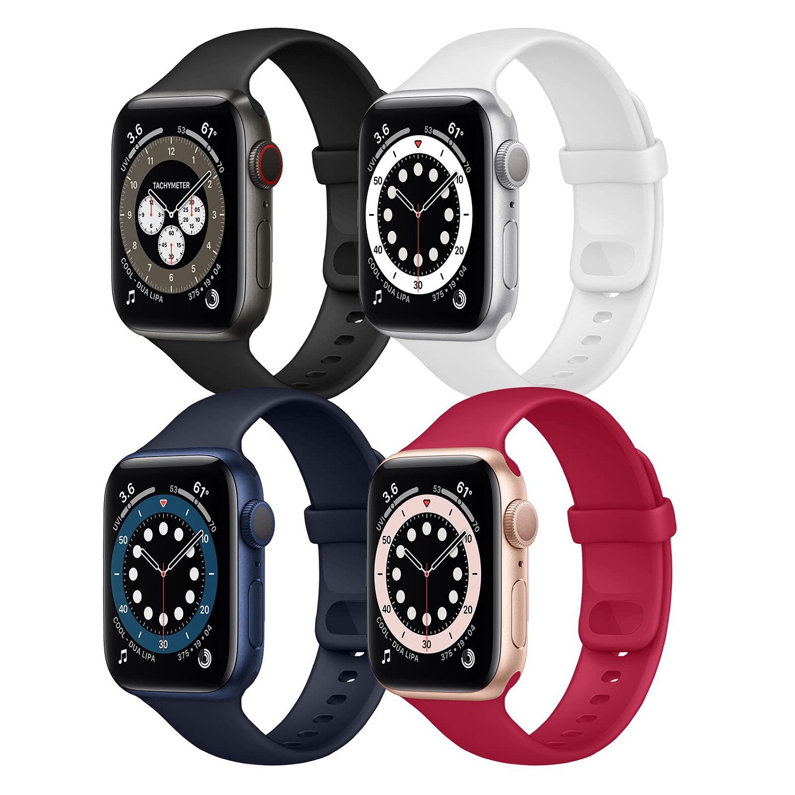 Hotflow 4 Pack Compatible with Apple Watch Bands 45mm 44mm 42mm for Women Men,Soft Silicone Sport Replacement Strap for iWatch Series 7 SE 6 5 4 3 2 1(Rose Red/Black/Midnight Blue/White,Size-M/L)