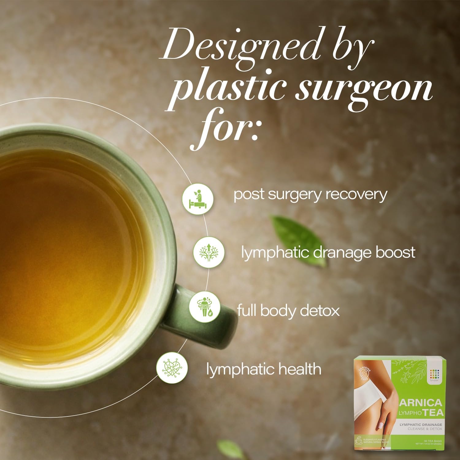 Lymphatic Drainage Tea Kit: Arnica Tea Bundle with Lympho Tea, Green Tea, and Recipes Book for Detox, Post Lymphatic Massage, Post Surgery, Bruising and Swelling (3 Teas+ Recipes Book)