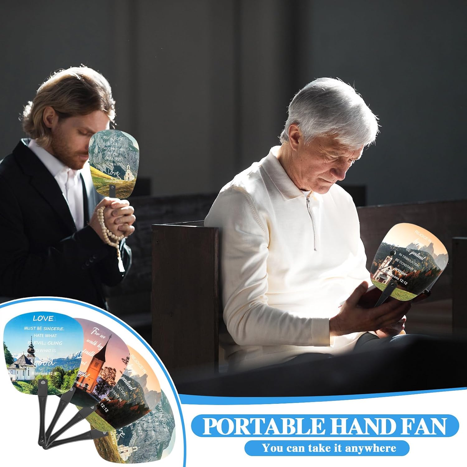 Geetery 100 Pcs Summer Church Christian Bible Fan Bulk Handheld Plastic Round Fourth of July Fans for Church Services Patriotic Party Decorations Gifts(Trendy Color,Bible Style)