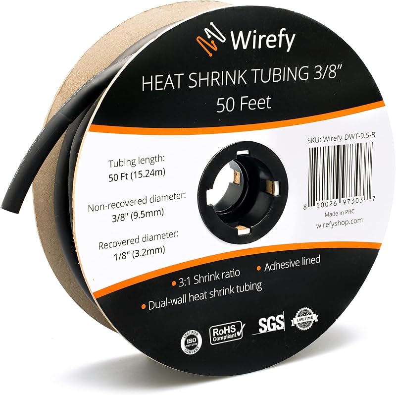 Wirefy Tubo termorestringente da 3/8", rapporto 3:1, rivestimento adesivo, termorestringente di grado marino, nero, rotolo da 50 m