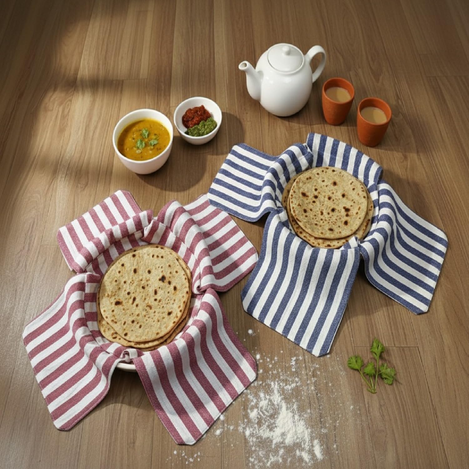 Glus Cotton Set of 2 Double Layer Roti Clothes Wrap with Flaps Casement Cotton Cloth for chapati for hot case Kitchen Chapati Cloth wrap roti Cloth (Cotton, Red & Blue)
