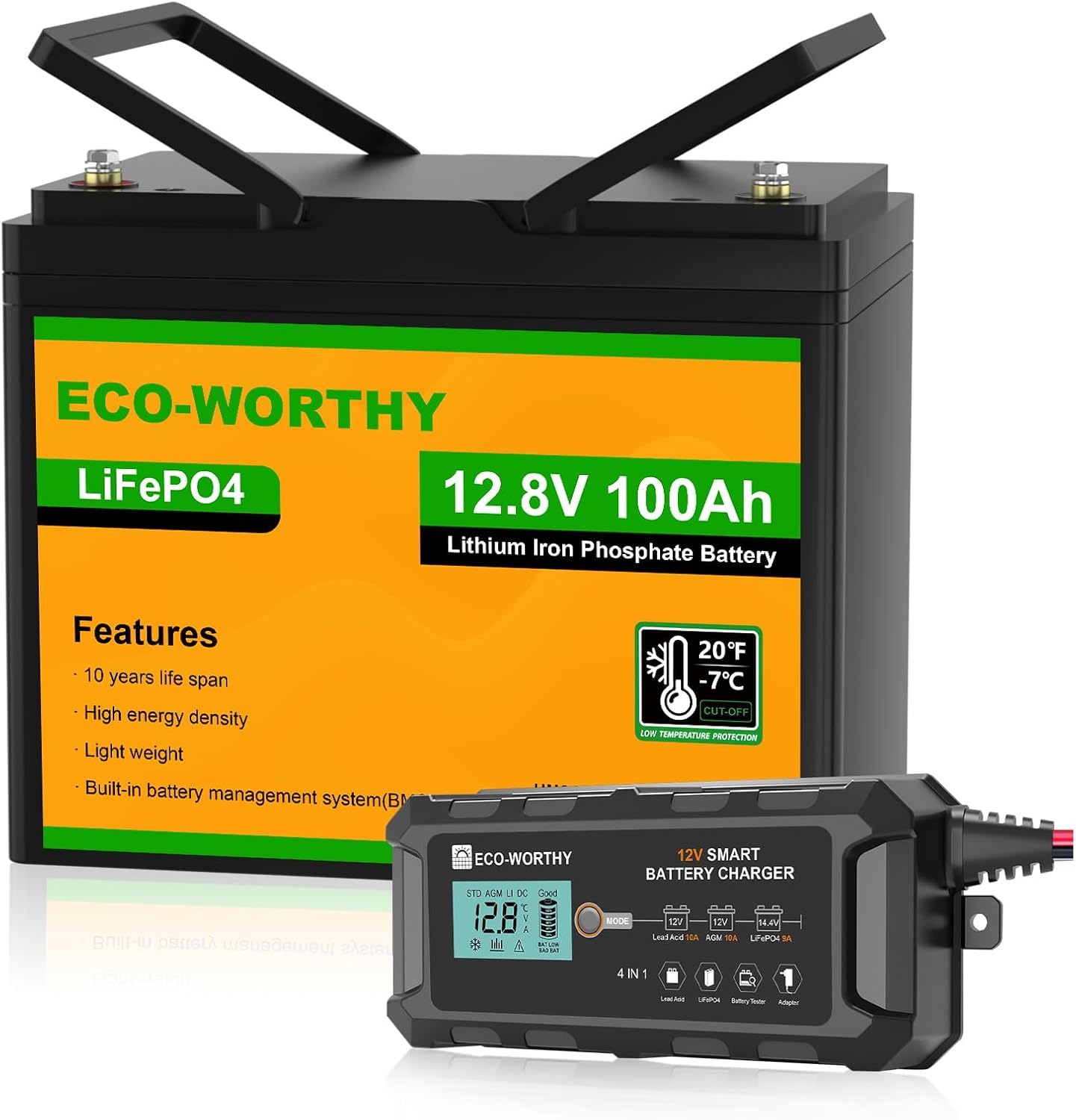 ECO-WORTHY 12V 100Ah LiFePO4 Battery with 10A Smart Lithium Battery Charger, Built-in BMS, 4000+ Deep Cycles, for RV, Marine, Solar Off-Grid System, Household, Group 31 Batteries