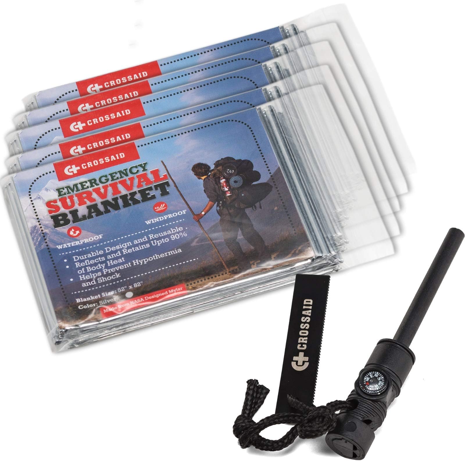 Emergency Survival Blanket 5 Pack - Mylar Thermal Blankets & Magnesium Survival Fire Starter with Compass & Emergency SOS Whistle – Ideal Cold Weather Survival Kit
