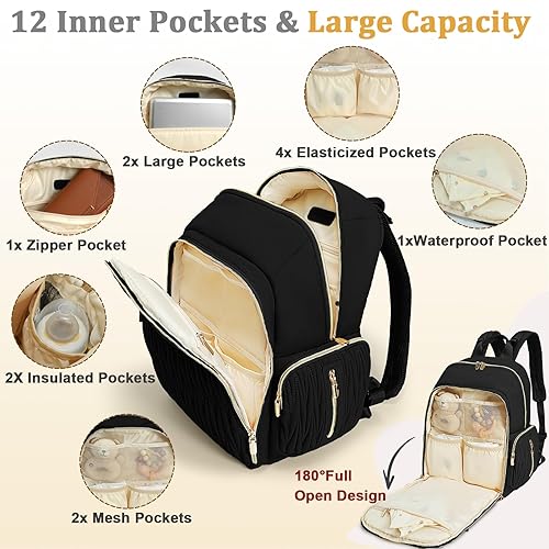 Miniatura 3 de miss fong Mochila para pañales  Bolsa de pañales para bebé con cambiador de pañales, mochila acolchada para pañales de viaje con 16 bolsillos