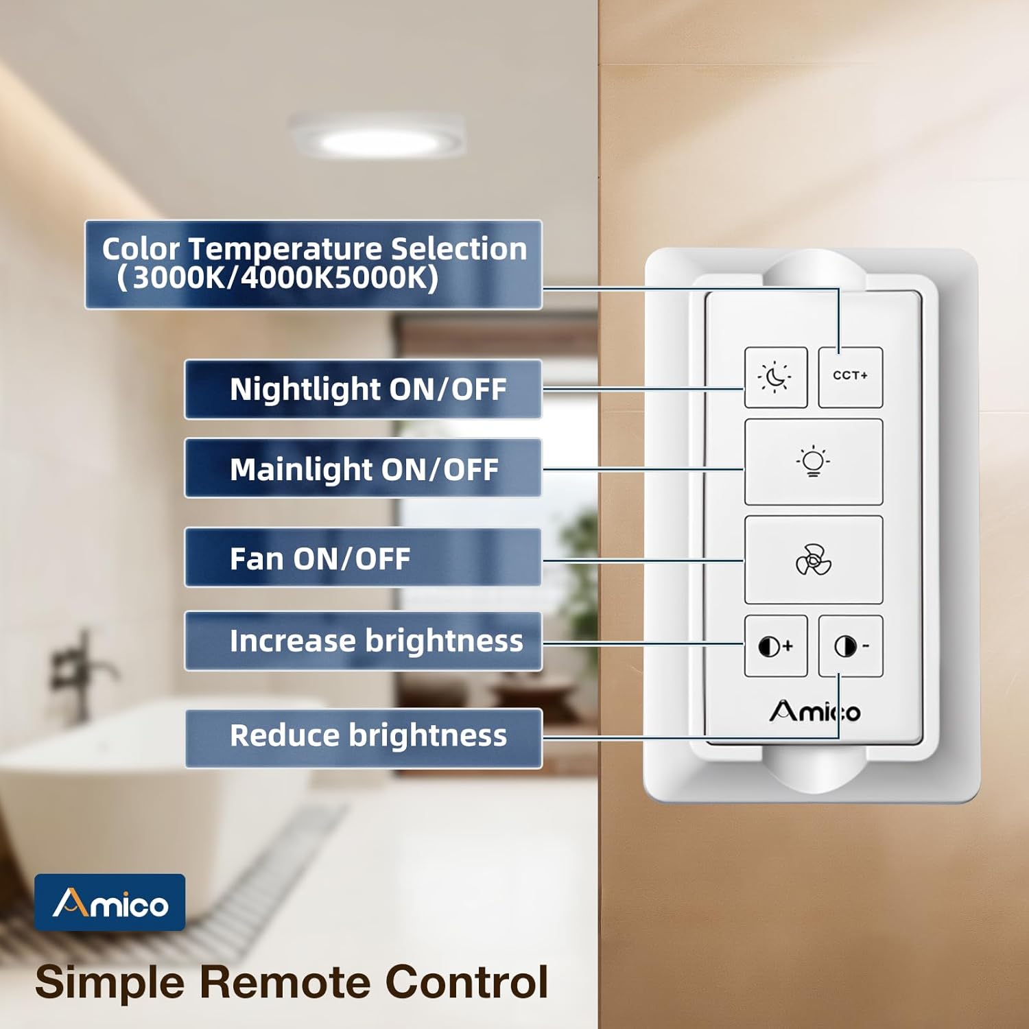 Amico Bathroom Exhaust Fan with Light, 80 CFM 1.0 Sones, Ceiling Mounted Retrofit Ventilation Fan with 1400LM 18W LED Light, 3000K/4000K/5000K Selectable & Nightlight, Remote, FCC Certified