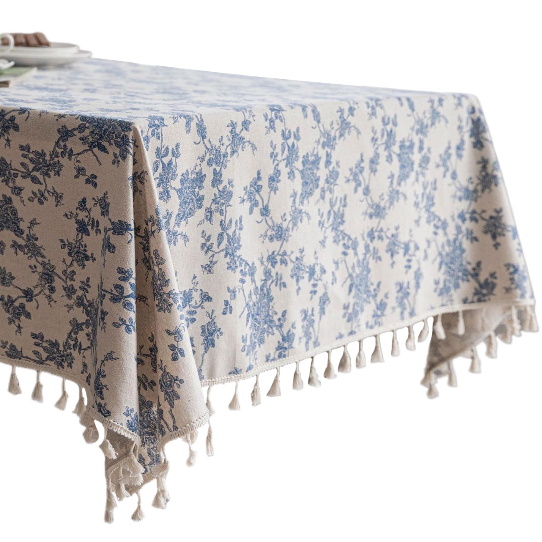 Nappe à motif floral bleu anti-rayures en coton lin épais pour protéger vos tables en bois