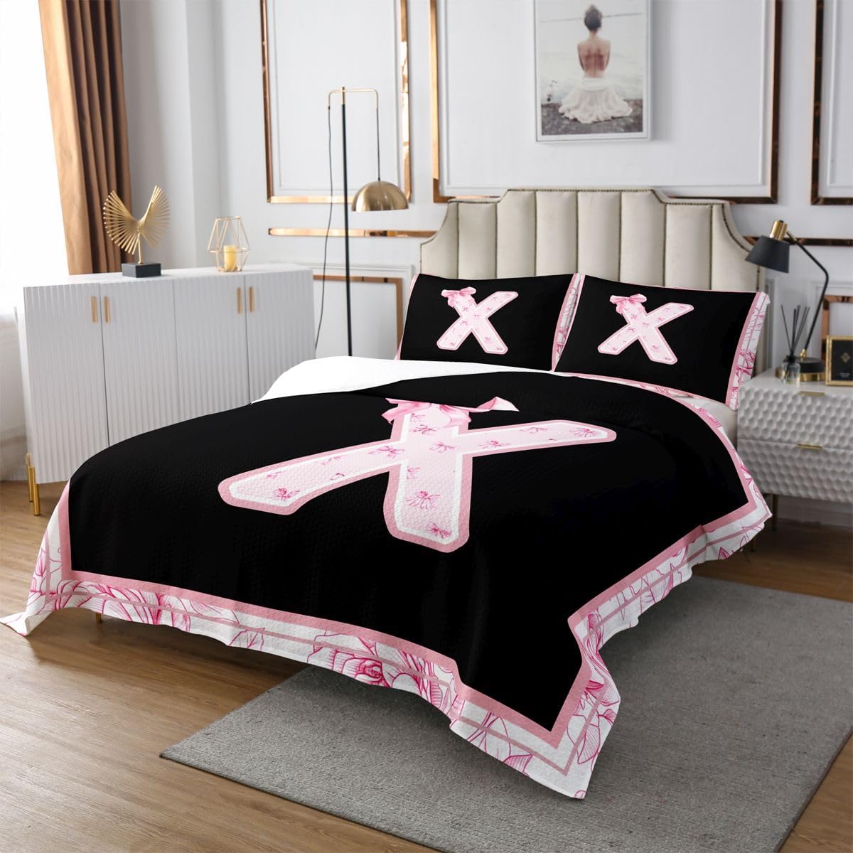 jejeloiu Black Pink Bow Bedspread King Size Monogrammed Coverlet Set Personalized Initial X Quilted Coverlet for All Season with 2 Pillowcases Coquette Bows Microfiber Lightweight