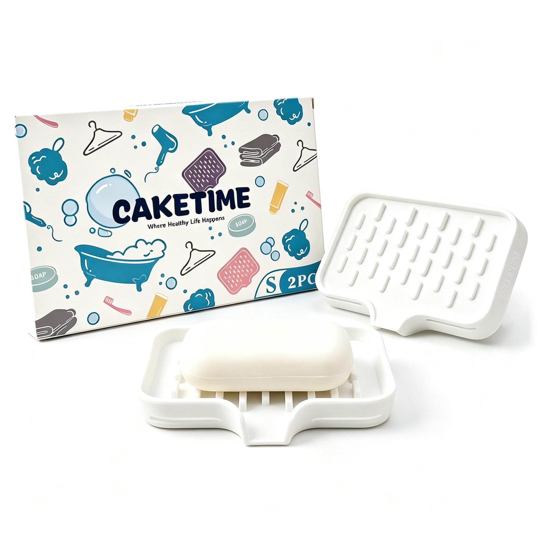 CAKETIME 2 Pack Silicone Soap Dish with Drainage Holes for Bathroom Shower Caddy Kitchen Counter Sponge Holder Saver Tray Sink Accessories Jabonera Storage Solution Funny Gifts for Women White