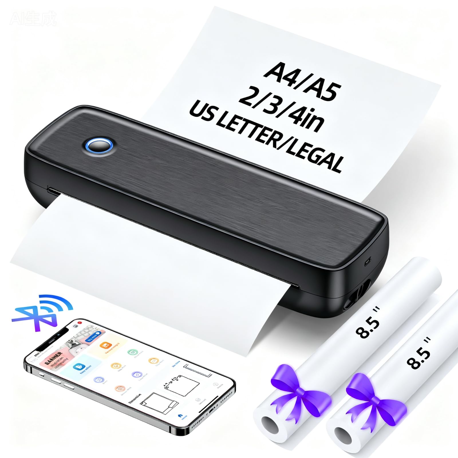 Alinayee Portable Inkless Printer, Wireless Bluetooth Thermal Printer with 4200mAh Battery, Prints A4/A5/US Letter, High Resolution Mini Printer for Travel, Home Office & Mobile Printing