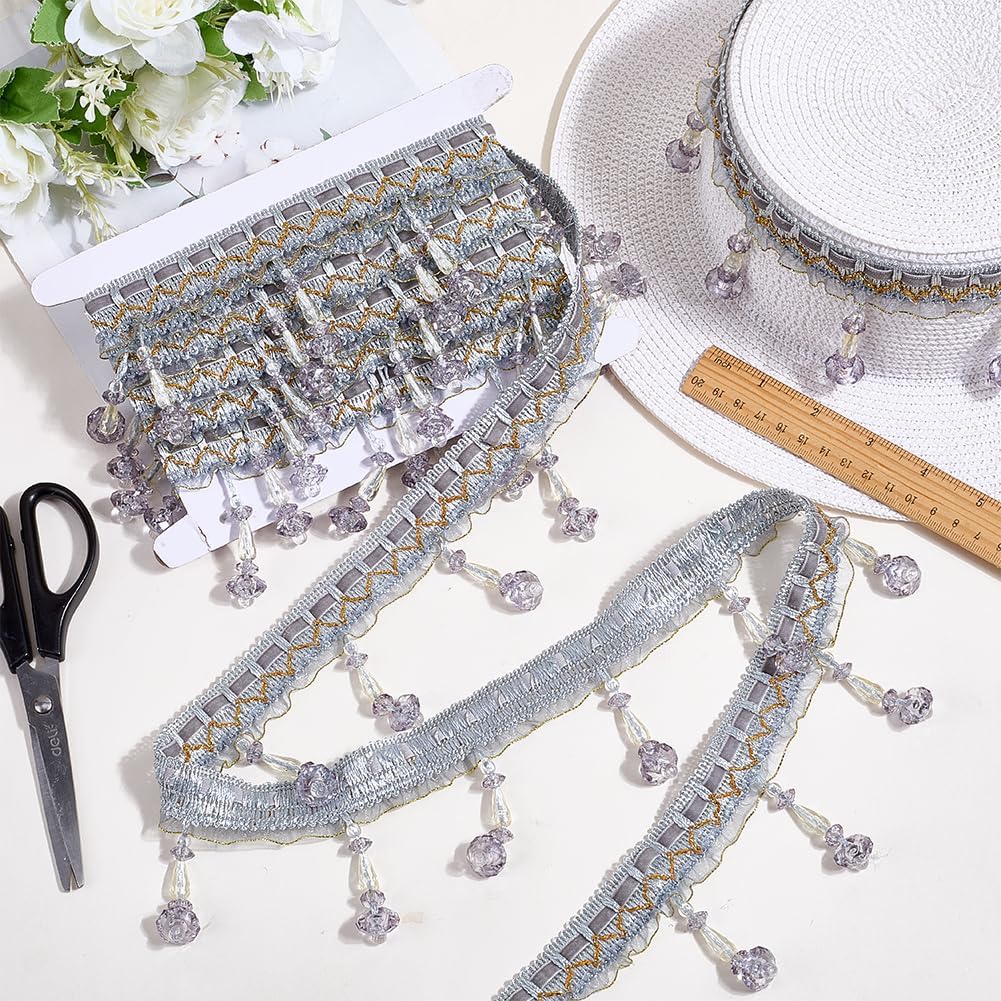 4.37 Yards 3.15 Inch Gray Beaded Fringe Lace Trim Braid Ribbon Plastic Beads Tassel Woven Polyester Trimming Curtain Accessories for Sewing Making Costume Decor Home Upholstery DIY Craft image 3