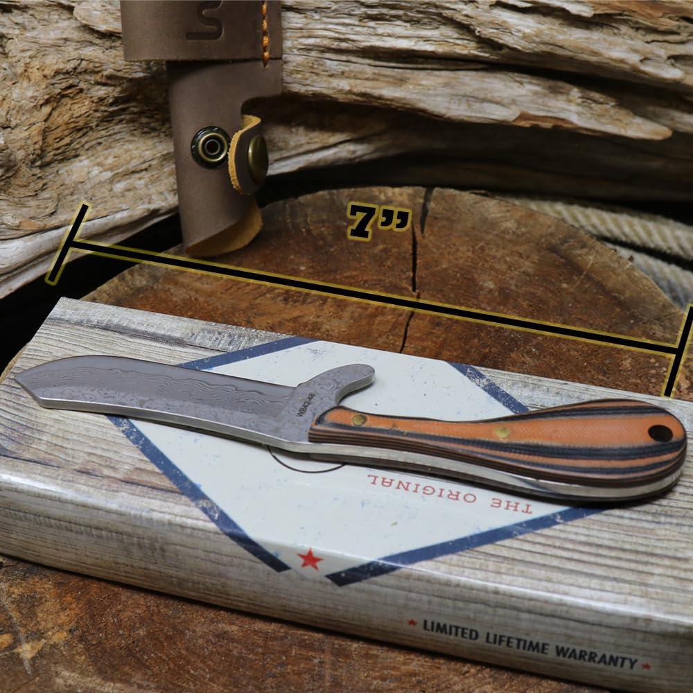 WHISKEY BENT HAT CO. Bullcutter 3 Fixed Blade Knife Damascus Steel, w/Leather Sheath, 3.5" Blade, 7" Overall Length (Chaps)