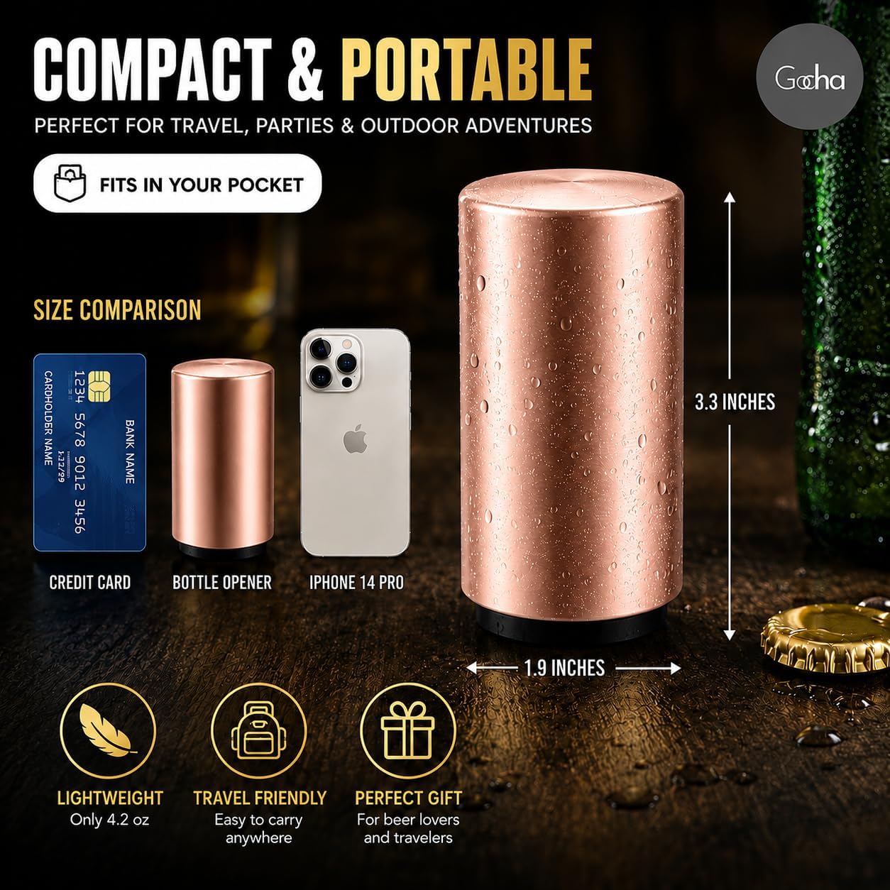 GOCHA Magnetic Bottle Opener with Cap Catcher, Automatic Push Down Beer Bottle Opener, One Hand Stainless Steel Bar Tool, Magnetic Beer Opener for Beer & Soda Bottles, Gifts for Men (Rose Gold) image 3