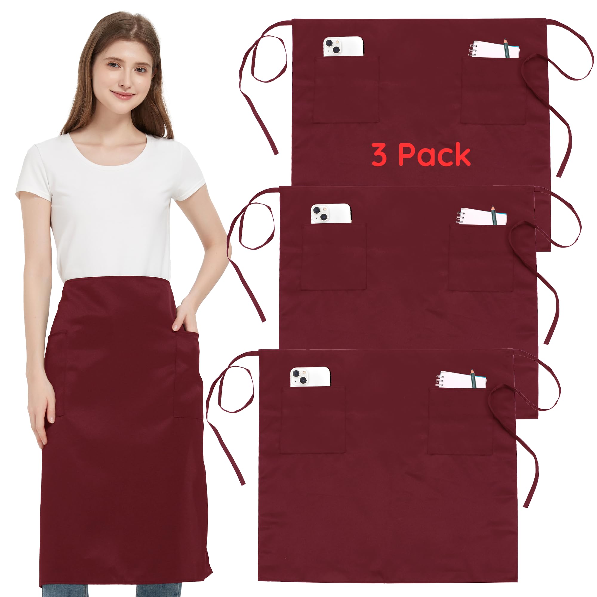 3 Pack Waist Apron with 3 Pockets, Wine Red Waitress Waiter Aprons for Women Man, Water Resistant Server Aprons Long Straps Bistro Apron for Chef Restaurant Work Bar (3, Wine Red - 27.95''X 31.5'')