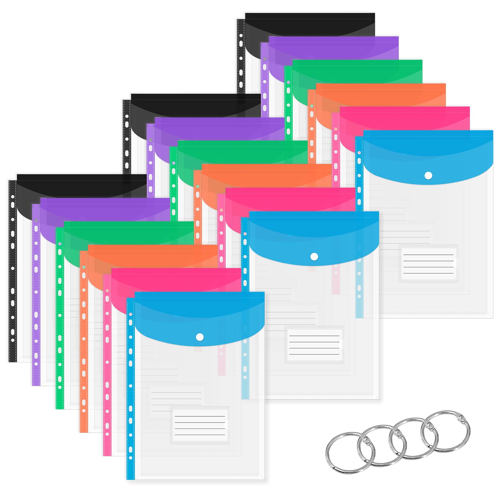 FOSHISY 18 Pack Plastic Wallets A4 Punched Pockets, Expandable Files Folders Colourful Plastic Document Folders with Button Closure & Label Pocket for School, Office, Home, Holds 220 Sheets (6 Colors)