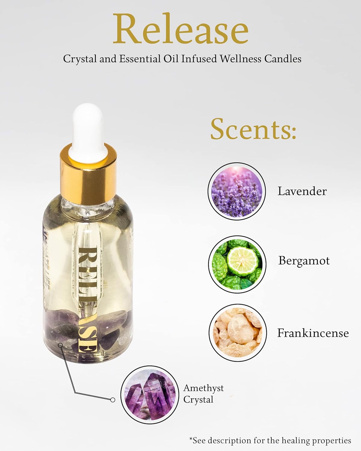 Crystal Infused Essential Oil Vial, 1 Oz, Release - Amethyst Crystal Infused - Scents of Lavender, Bergamot, & Frankincense - Aromatherapy Oils, Massage, Stress Relief