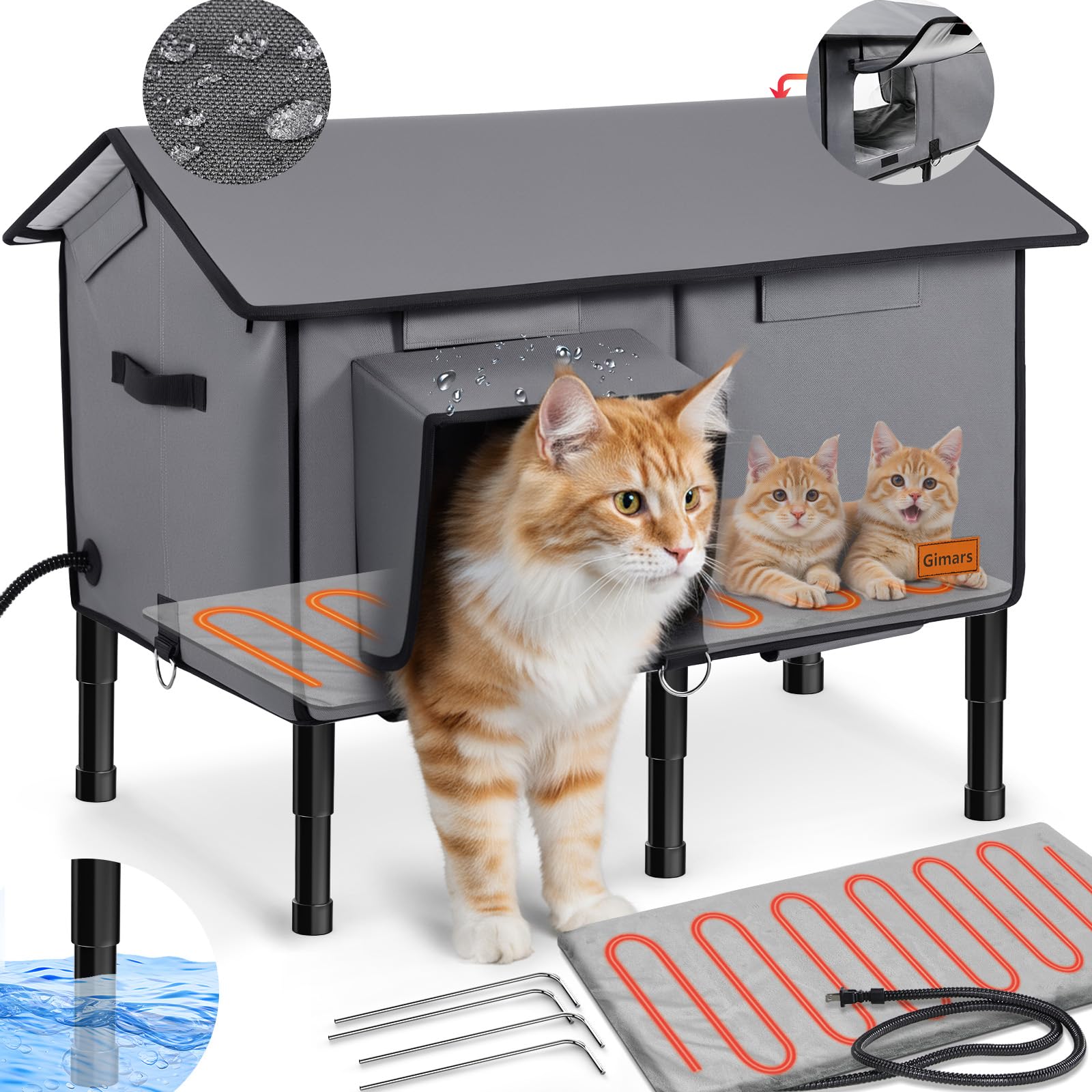Gimars Upgraded Pitched Roof Indestructible Heated Cat House for Outdoor Cat with Safe Escape Door, 100% Weatherproof Winter Cat Shelter 5.1" Elevated