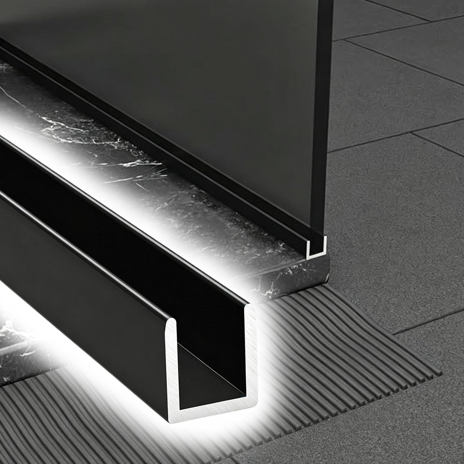 Profil Typu U do Szkła Głęboki Kanał Aluminiowych Drzwi Prysznicowych | Otwór do Mocowania Ścianki Działowej Bezramowej, Szyna Mocująca Szkło(Black,L2.5m(8.2ft))