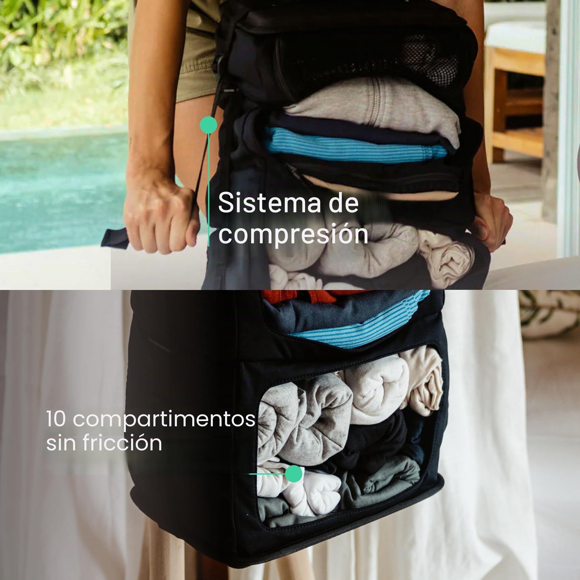 Tropicfeel Armario negro | Sistema de armario de viaje/organizador de ropa | Cabe en cualquier mochila o bolsa de 60 cm x 28 cm x 18 cm | Organizador de viaje colgante (todo negro)