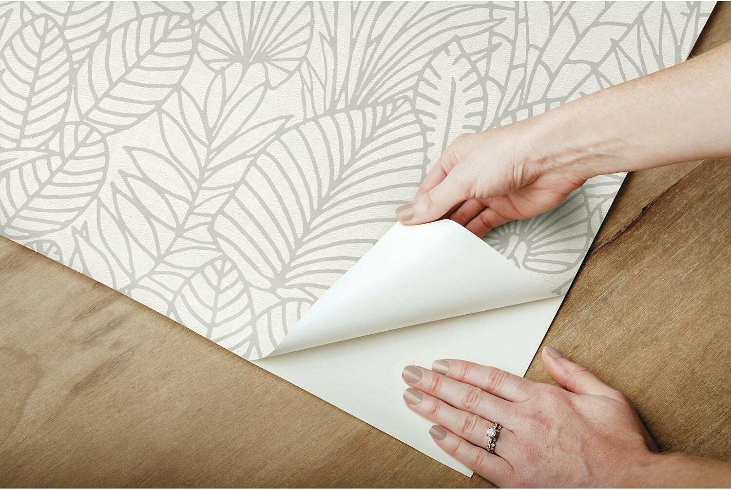 RoomMates RMK12047WP Beige and Gray Tropical Leaves Sketch Peel and Stick Wallpaper