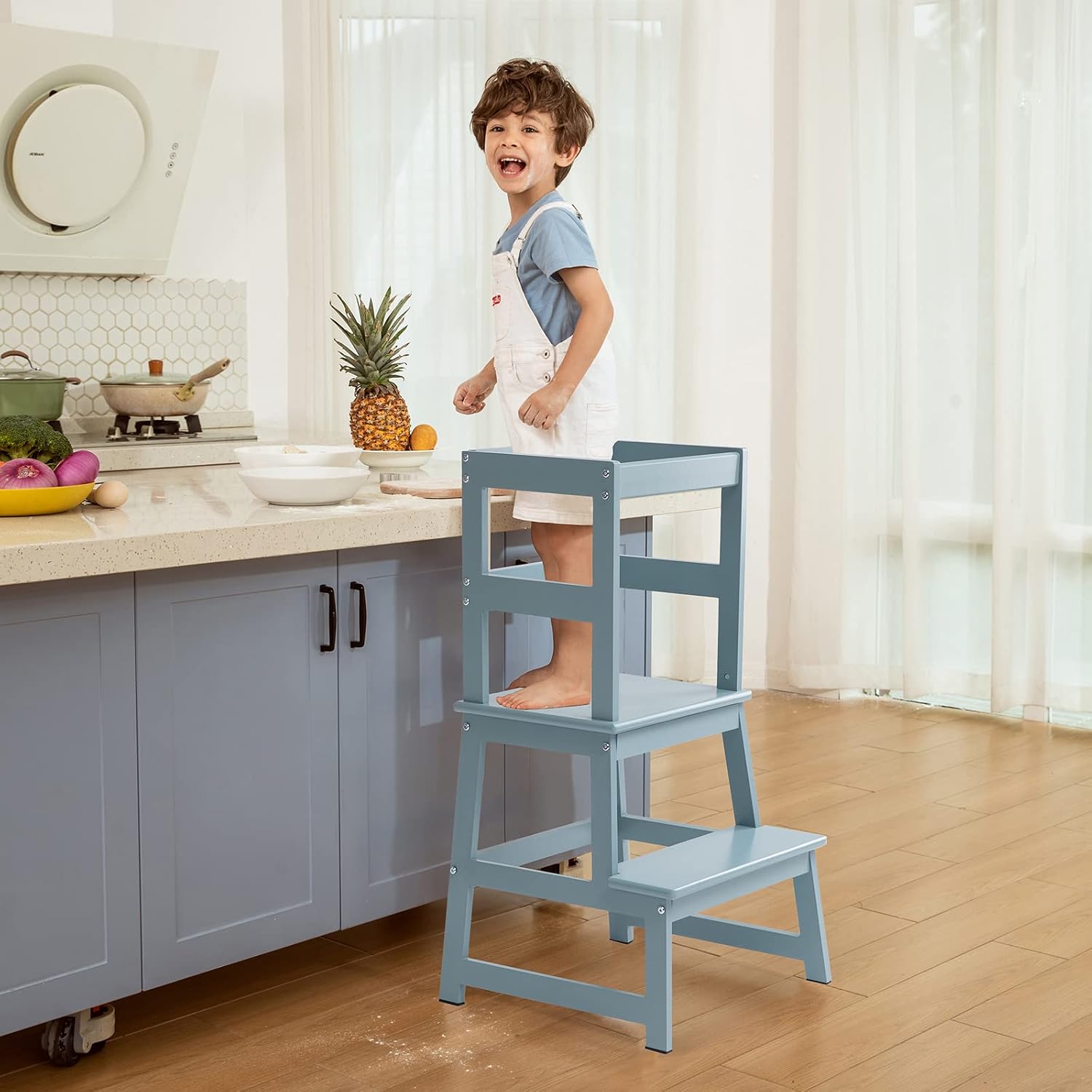 Kitchen Tower for Kids with Safety Rail,Toddler Standing Tower for Kitchen Counter, Baby Montessori Tower,Solid Wood Construction,Blue