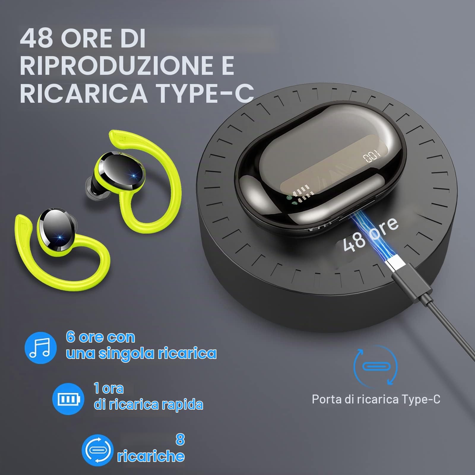 Rulefiss Cuffie Bluetooth Sport, Auricolari Bluetooth con 4 ENC Mics, 48 Ore Stereo Cuffie Wireless Antirumore, IP7 Impermeabili Cuffiette con Display LED, Cuffie Senza Filo per Running/Palestra