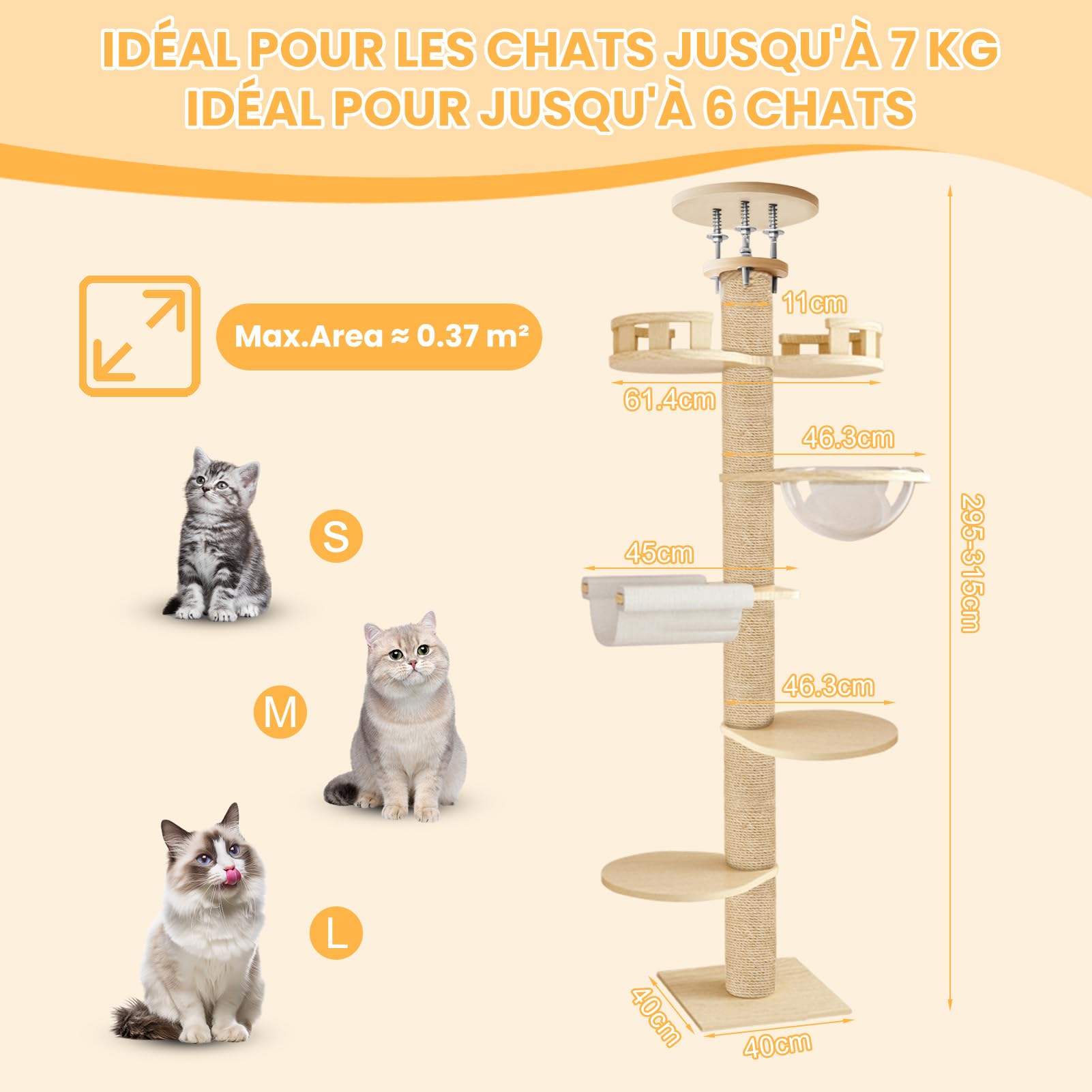 Arbre a Chat Plafond du Sol au Plafond, Arbre à Chat XXL de Hauteur Réglable de 2,95 à 3,1 m, Griffoir pour Chats avec Tour à 6 Niveaux avec 7 Poteaux à Griffer en Sisal (Jaune)