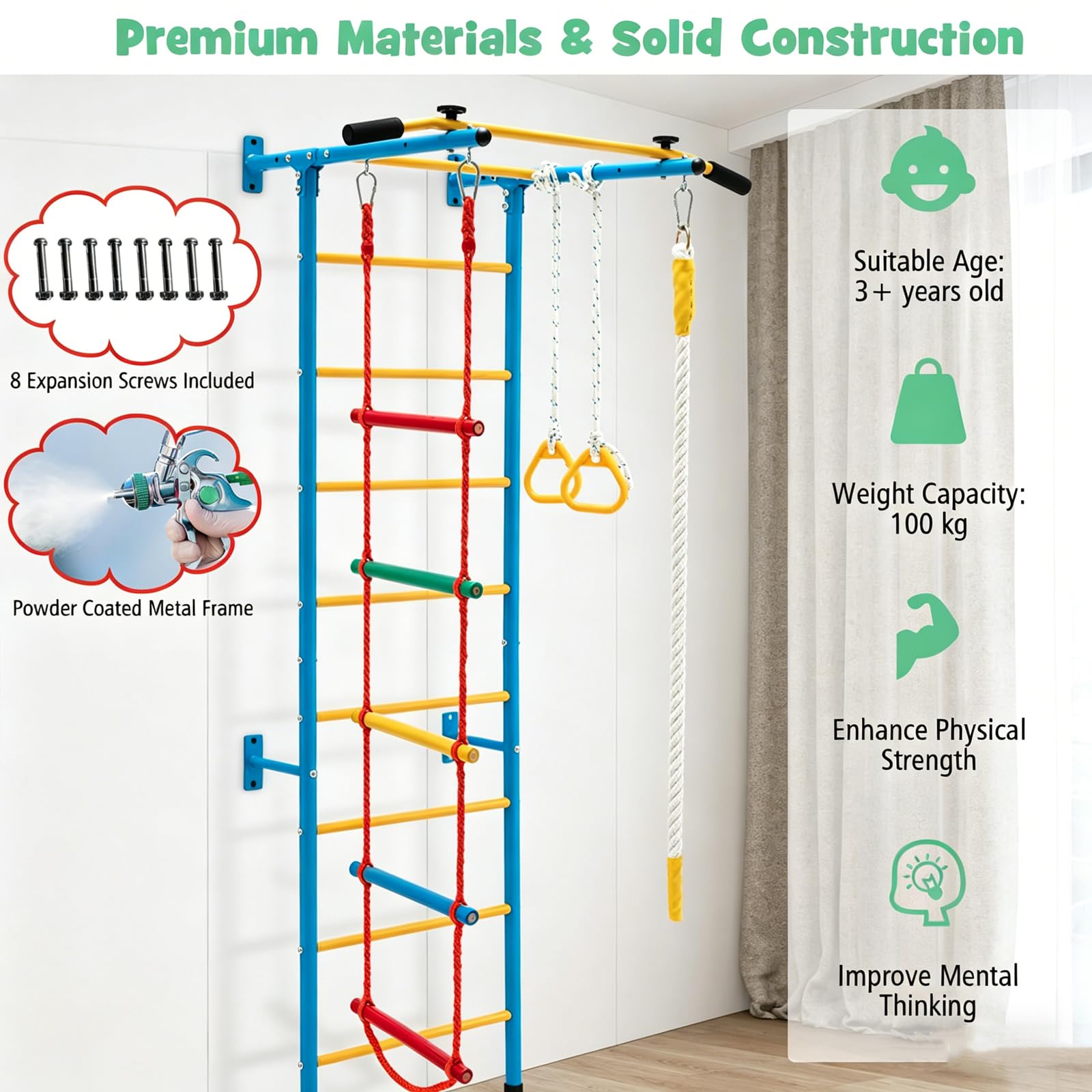 HOMASIS Escalera Sueca Mural 5 en 1, Espalier de Madera con Barra de Tracción, Escalera de Cuerda, Cuerda y Anillos de Gimnasia, Juego de Escalada para Adultos y Niños de 3 Años+ (Amarillo)